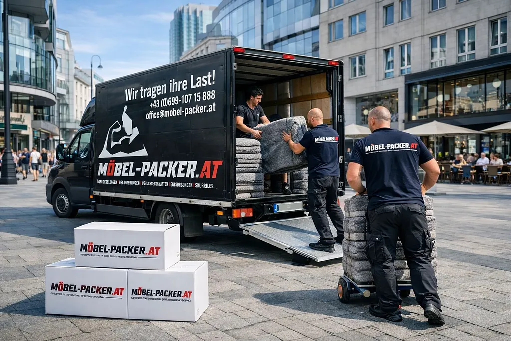 Ein junger, gutaussehender, lächelnder Umzugshelfer in Uniform greift nach der Kiste, während er den mit Kisten beladenen Transporter entlädt. Umzug, Umzugsservice.