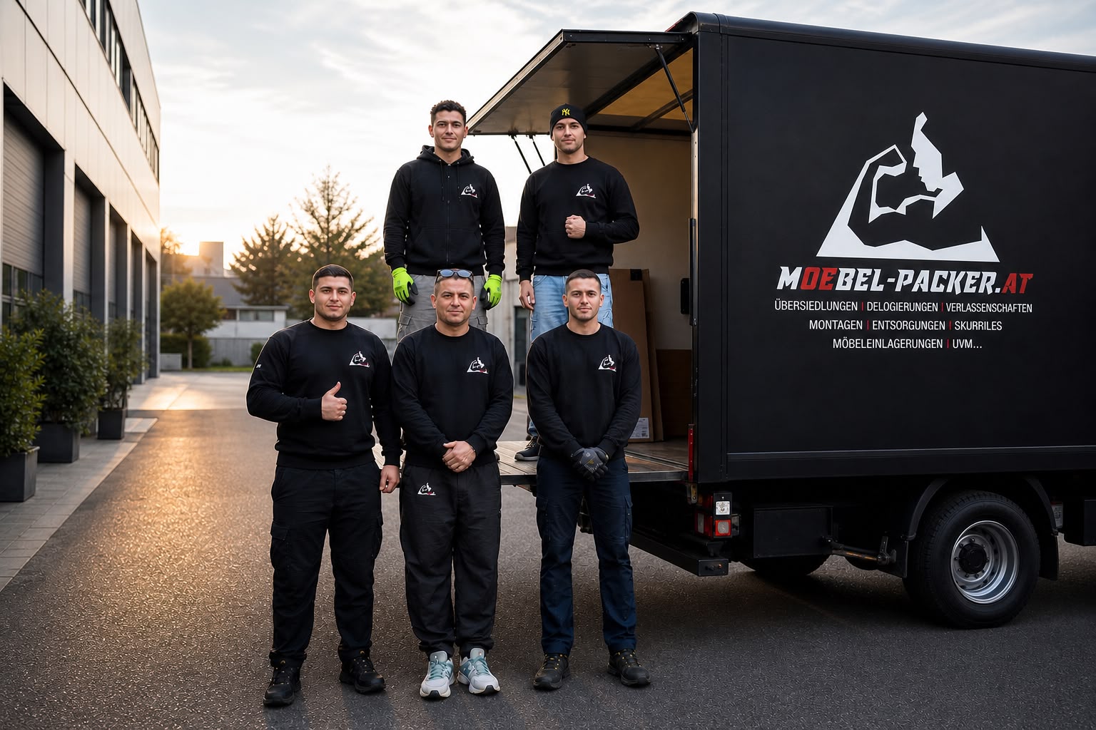 Männliche Umzugshelfer laden die Kartons vom LKW ab.