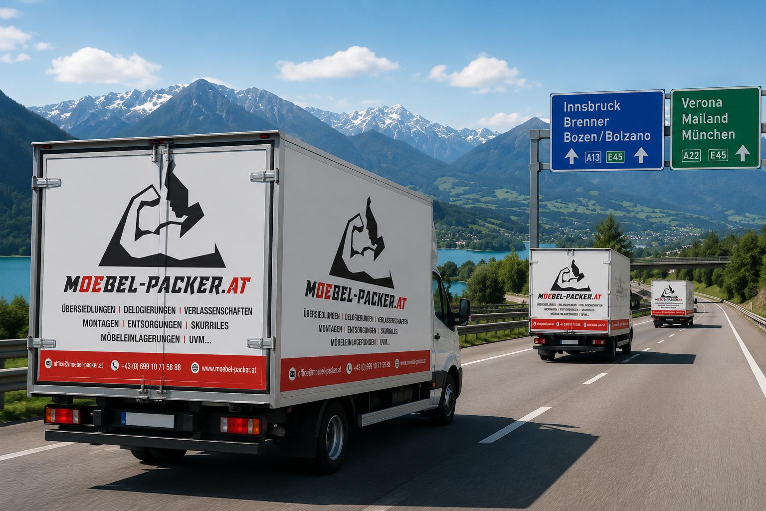 Ein junger, gutaussehender, lächelnder Umzugshelfer in Uniform greift nach der Kiste, während er den mit Kisten beladenen Transporter entlädt. Umzug, Umzugsservice.