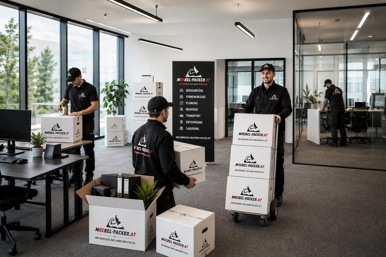 Am Umzugstag gepackte Kisten mit Habseligkeiten und Möbeln im neuen Büro